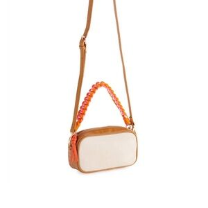 Shiraleah Canvas and Tan Leather Crossbody Bag with Pink-Orange Beaded Handle